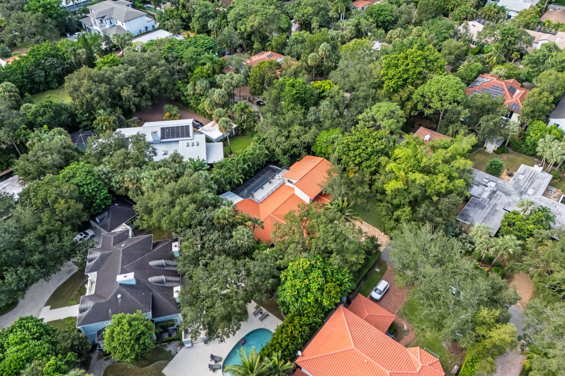 Aerial view of the residence and tropical gardens