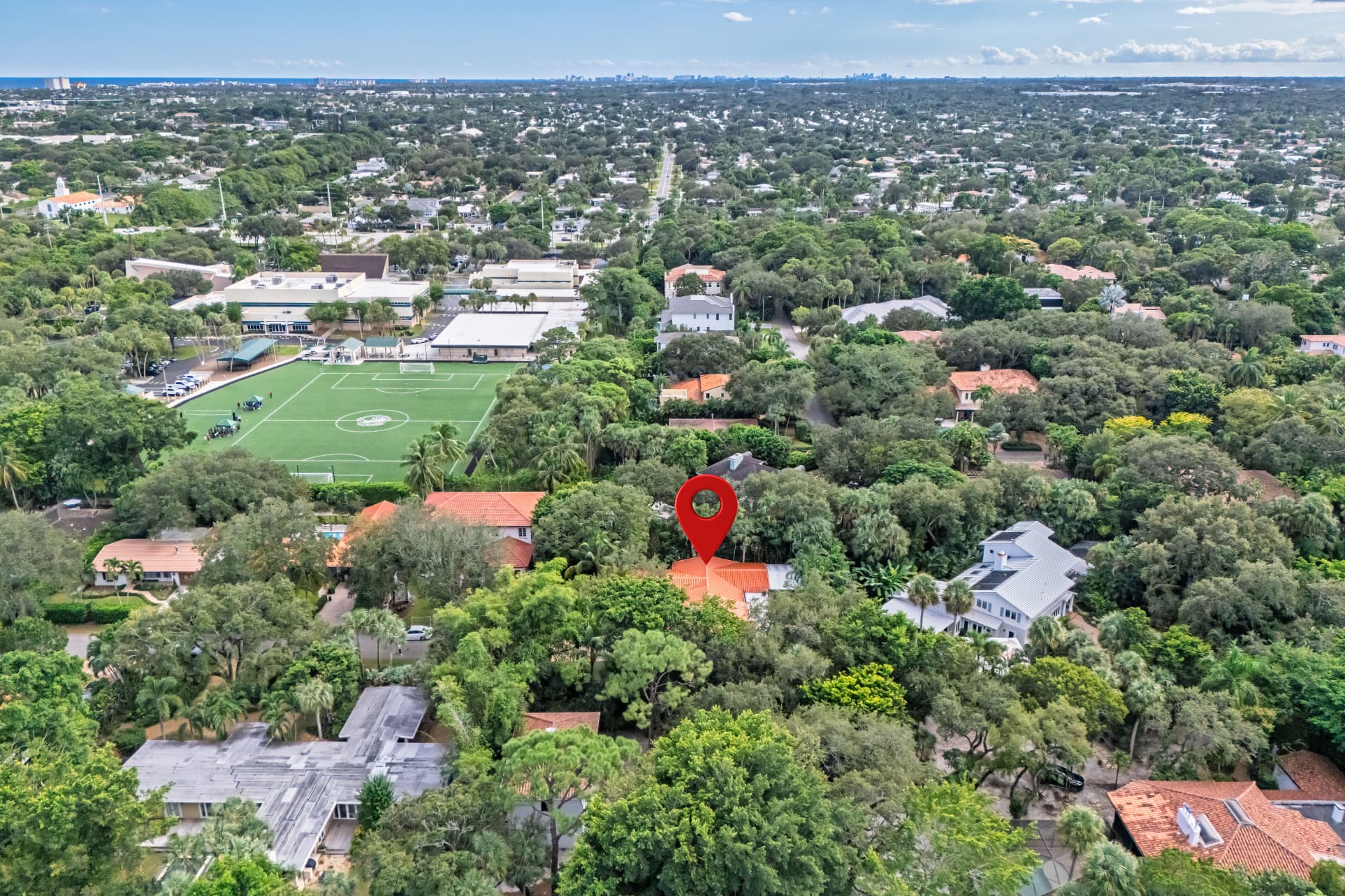 Aerial view of the neighborhood toward the schools